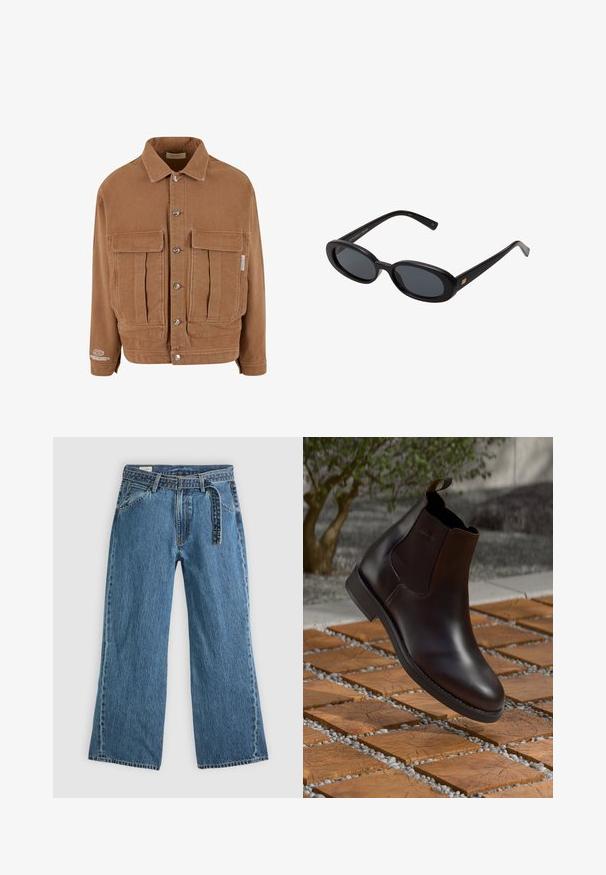 Brązowa kurtka z korduroyu z zapięciem na guziki, dwoma kieszeniami na piersi i detalem z logo na rękawie. Regularny krój z klasycznym kołnierzykiem.; Biała koszulka z krótkim rękawem wykonana z bawełny, z okrągłym dekoltem i luźnym krojem. Gładka faktura, bez widocznych wzorów lub akcentów.; Niebieskie dżinsowe spodnie szerokie z dołączonym paskiem, kieszeniami z przodu i widocznym przeszyciem na jednolitym jasnym tle.; Brązowy skórzany but typu chelsea z elastycznymi bocznymi panelami, pętelką do zakładania i gładkim wykończeniem, umieszczony na teksturowanej powierzchni z cegły i żwiru.; Czarne, oversize okulary przeciwsłoneczne z owalnymi soczewkami, gładkim plastikowym mostkiem i złotymi akcentami na zausznikach. Ciemne soczewki zapewniają ochronę przed słońcem.