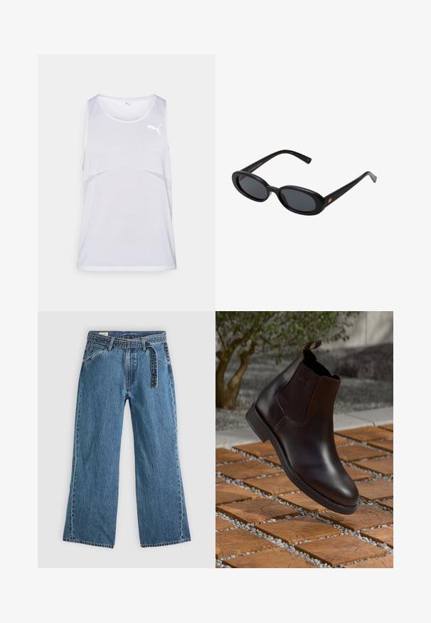 Jachetă din catifea maro, cu deschidere butonată în față, două buzunare pe piept și un detaliu cu logo pe mânecă. Croi normal, cu guler clasic.; Tricou sportiv alb dintr-un material respirabil, cu un model din plasă și un design subtil în degrade, având un logo mic pe piept.; Jeans din denim albastru, cu picioare largi, curea atașată, buzunare frontale și cusături vizibile pe un fundal simplu deschis.; Bocanc Chelsea din piele maro, cu panouri elastice pe laterale, o bucată de prindere și un finisaj neted, așezat pe o suprafață texturată din cărămidă și pietriș.; Ochelari de soare supradimensionați, cu lentile ovale, cadru din plastic neted și accente aurii pe brațe. Lentilele întunecate oferă protecție solară.