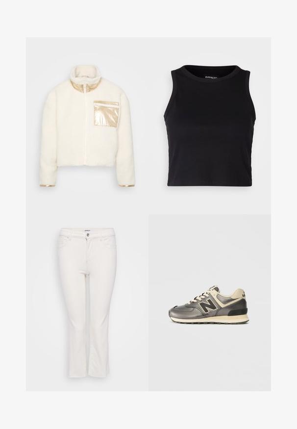 Veste en polaire blanche avec un col haut, dotée d'une fermeture éclair dorée brillante, d'accents dorés sur la poche et les poignets, et d'un design court.; Top court noir à côtes avec un col rond et un design sans manches. Fabriqué en tissu doux et extensible, avec des bords ourlés propres.; Jean en coton blanc avec une coupe droite, dotée d'une fermeture éclair, de cinq poches et d'un bouton à la taille.; Baskets New Balance grises et beiges avec logo "N" noir, fermeture à lacets et semelle texturée sur fond blanc.