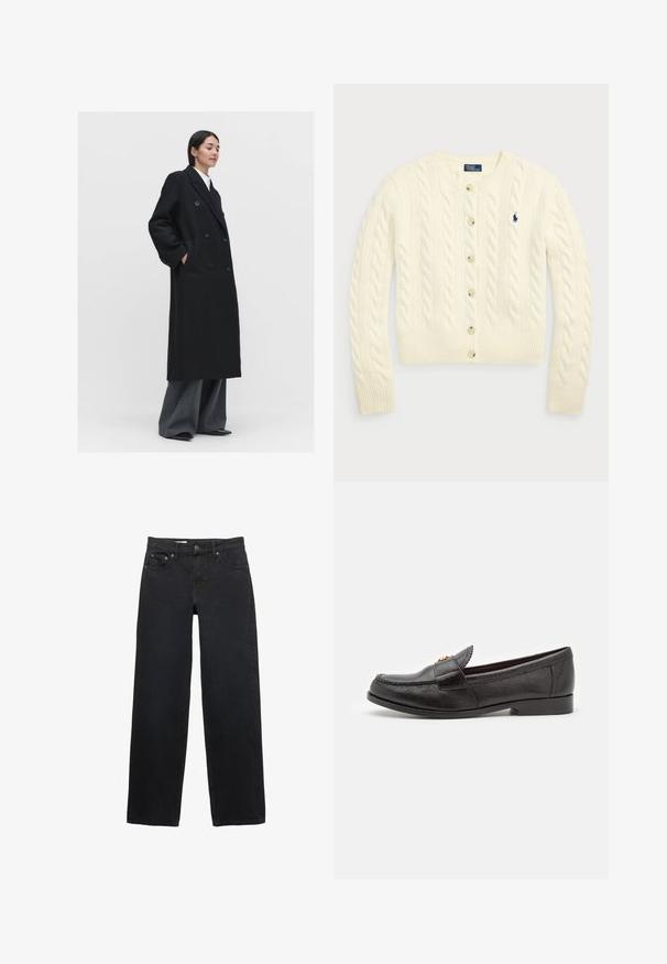 Svart dubbelknäppt överrock i mjukt material med stora knappar, sidofickor och en avslappnad passform, kombinerad med grå byxor.; Polo Ralph Lauren CABLE-KNIT WOOL-CASHMERE CARDIGAN - Kofta - authentic cream; Två ärmlösa ribbade polotröjor i brunt och svart, presenterade mot en enfärgad vit bakgrund.; Svarta jeans med vida ben, tillverkade av denim, med fem fickor, knäppning, diskret sömnad och rak skärning från midja till fåll.; Svart läderloafer med strukturerad yta, rund tå och dekorativa sömmar. Har en platt klack och är lätt att ta på.