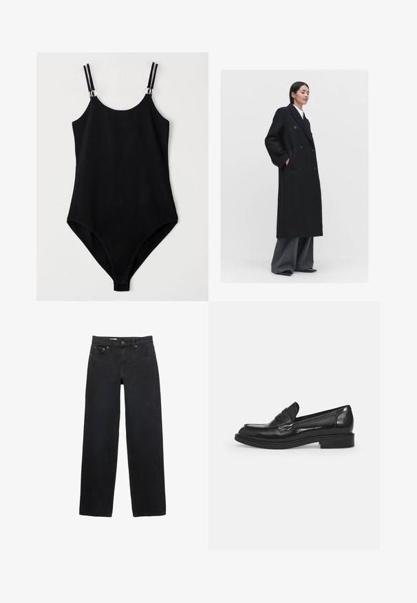 Black double-breasted overcoat made of a soft material, featuring large buttons, side pockets, and a relaxed fit, paired with gray pants.; Polo Ralph Lauren CABLE-KNIT WOOL-CASHMERE CARDIGAN - Cardigan - authentic cream; Black swimsuit with a fitted design, featuring adjustable straps and silver hardware accents at the shoulders. Smooth, textured fabric.; Black wide-leg jeans made from denim, featuring five pockets, a button closure, subtle stitching, and a straight cut from waist to hem.; Black patent leather loafers with a rounded toe, a decorative strap across the upper, and a low block heel. Smooth, glossy texture.