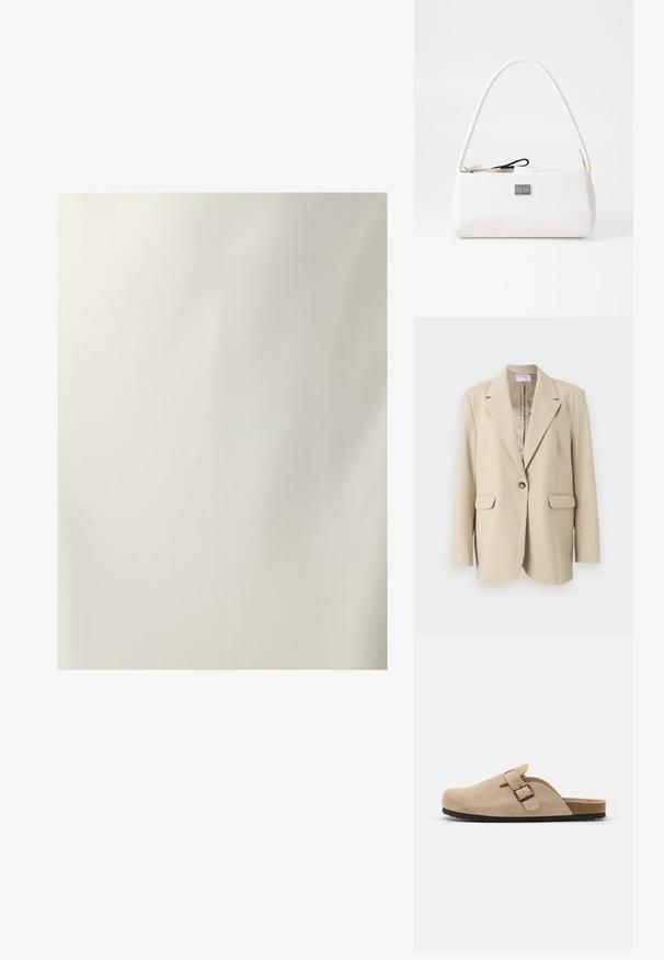 Beiger strukturierter Blazer mit geschlitztem Revers, einem Ein-Knopf-Verschluss, zwei Fronttaschen und glatter Satininnenausstattung. Reguläre Passform.; Glatte, cremefarbene Stoff mit einem subtilen Glanz. Die Textur ist gleichmäßig und zeigt ein einfaches, minimales Design ohne sichtbare Muster oder Akzente.; Beige Wildlederschuh mit abgerundeter Zehenpartie, verstellbarem Schnallenriemen und strukturiertem Gummisohle. Minimalistisches Design mit Kork-Mittelsohle.; Weiße Handtasche aus lackiertem Leder mit einem runden Griff, rechteckiger Form, silbernem Beschlag und einer kleinen Logo-Plakette auf der Vorderseite.