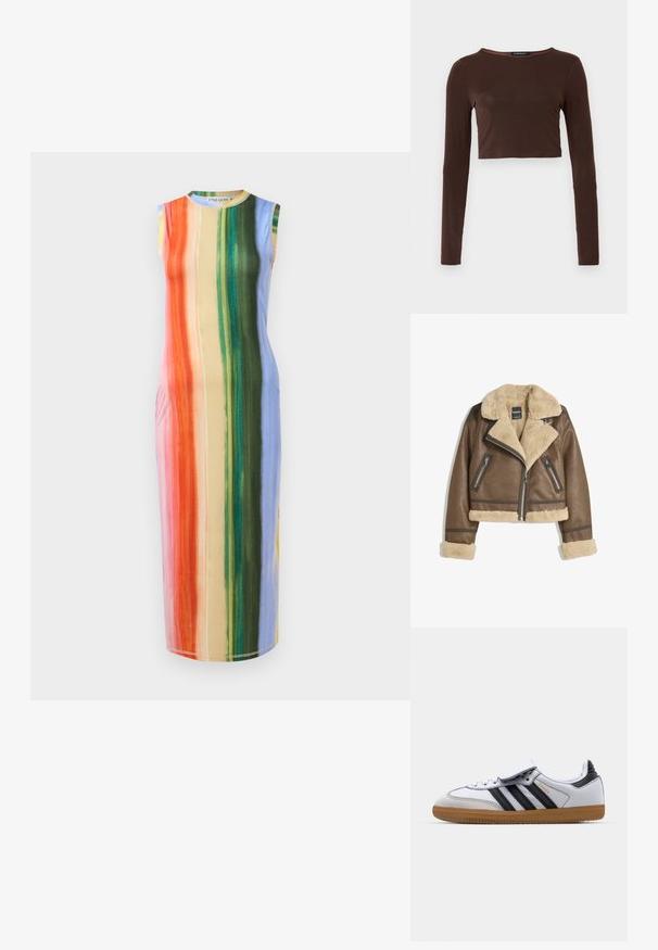 Hnedá kožená bunda s krémovým umelým kožušinovým podšívkou, širokým golierom, skráteným dizajnom a dvoma zipsovými prednými vreckami s kontrastnými akcentmi.; Mikina bez rukávov s vertikálnymi pruhmi v odtieňoch oranžovej, ružovej, zelenej a modrej. Tkanina pôsobí hladko a má jemný lesk.; Hnedý dlhý rukáv cropped top vyrobený z hladkého materiálu, s okrúhlym výstrihom a priliehavým strihom. Bez viditeľných vzorov alebo akcentov.; Biele kožené tenisky s čiernymi pruhmi a šedými akcentmi, s okrúhlou špičkou a gumovou podrážkou. Zapínanie na suchý zips a šnúrky.; Biela kabelka s hladkým, lesklým povrchom, zakriveným tvarom a jedným nastaviteľným popruhom. Na prednej strane je vyrazené logo.
