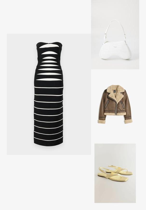 Ruskea nahkatakki, jossa on vaalean kermanvärinen tekoturkislina, leveä kaulus, lyhyt malli ja kaksi vetoketjullista etutaskua, joissa on kontrastoivia yksityiskohtia.; Hervé Léger THE CAMERON GOWN - Neulemekko - black; Keltaiset litteät sandaalit, joissa on teksturoidusta keinonahasta valmistettu yläosa, varvasosa ja nilkkaremmi, jossa on pieni solki. Neliömäinen varvasosa ja minimalistinen tyyli.; Valkoinen käsilaukku, jossa on sileä, kiiltävä pinta, kaareva muoto ja yksi säädettävä olkahihna. Edessä on logo painettuna.