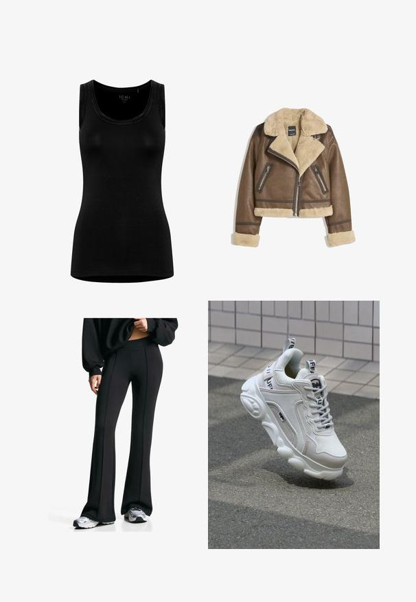 Brązowa skórzana kurtka z kremowym sztucznym futerkiem, szerokim kołnierzem, skróconym fasonem oraz dwoma zapinanymi na zamek kieszeniami z przodu z kontrastowymi akcentami.; Jasno beżowy sweter damski wykonany z miękkiej dzianiny, z okrągłym dekoltem oraz prążkowanymi mankietami i dołem. Klasyczny, prosty krój.; Czarny bezrękawnik wykonany z miękkiego, elastycznego materiału. Posiada okrągły dekolt oraz minimalistyczny design bez widocznych logo.; Czarne rozszerzane spodnie z wysokim stanem i bocznymi szwami. Wykonane z elastycznego materiału, mają gładką fakturę. Połączone z butami sportowymi.; Białe trampki wykonane z siateczki i skóry, z zaokrąglonym noskiem, grubą podeszwą, wyraźnymi sznurowadłami oraz logotypem na pięcie i języku.