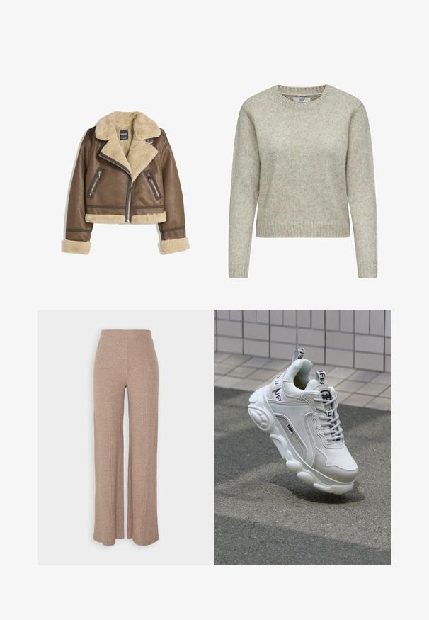 Brązowa skórzana kurtka z kremowym sztucznym futerkiem, szerokim kołnierzem, skróconym fasonem oraz dwoma zapinanymi na zamek kieszeniami z przodu z kontrastowymi akcentami.; Jasno beżowy sweter damski wykonany z miękkiej dzianiny, z okrągłym dekoltem oraz prążkowanymi mankietami i dołem. Klasyczny, prosty krój.; Beżowe szerokie spodnie z prążkowanej tkaniny z wysokim stanem i miękką teksturą, charakteryzujące się luźnym krojem i brakiem widocznych zapięć.; Białe trampki wykonane z siateczki i skóry, z zaokrąglonym noskiem, grubą podeszwą, wyraźnymi sznurowadłami oraz logotypem na pięcie i języku.
