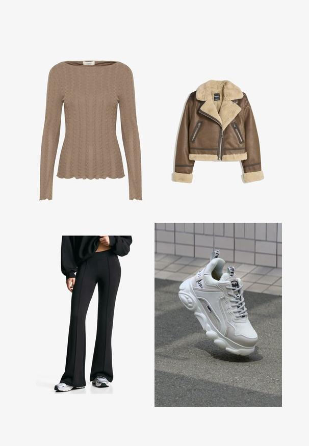 Brun læderjakke med cremefarvet faux shearling-foring, bred krave, cropped design og to lynlåslommer foran med kontrasterende detaljer.; Brun strikket langærmet top med kabelmønster, bådudskæring og bølgekantdetaljer. Blødt, tekstureret stof.; Sorte flagrende bukser med høj talje og sidefuger. Fremstillet af strækbart stof, de har en glat tekstur. Sammen med atletiske sko.; Hvide sneakers med mesh- og lædermaterialer, rund tå, tyk sål, fremtrædende snørebånd og branding på hælen og tungen.
