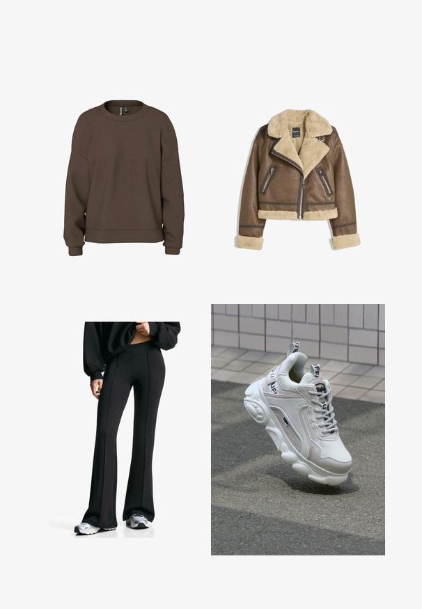 Giacca in pelle marrone con foderatura in finta shearling crema, colletto ampio, design cropped e due tasche frontali con zip e accenti a contrasto.; Felpa marrone realizzata in morbido tessuto, con colletto a girocollo, spalle abbassate e polsini a coste per una vestibilità rilassata. Design semplice e di un colore uniforme.; Pantaloni neri a zampa d'elefante con una vita alta e cuciture laterali. Realizzati in tessuto elastico, presentano una texture liscia. Abbinati a scarpe sportive.; Sneaker bianco realizzato in materiali mesh e pelle, con punta arrotondata, suola spessa, lacci prominenti e marchio sul tallone e sulla linguetta.
