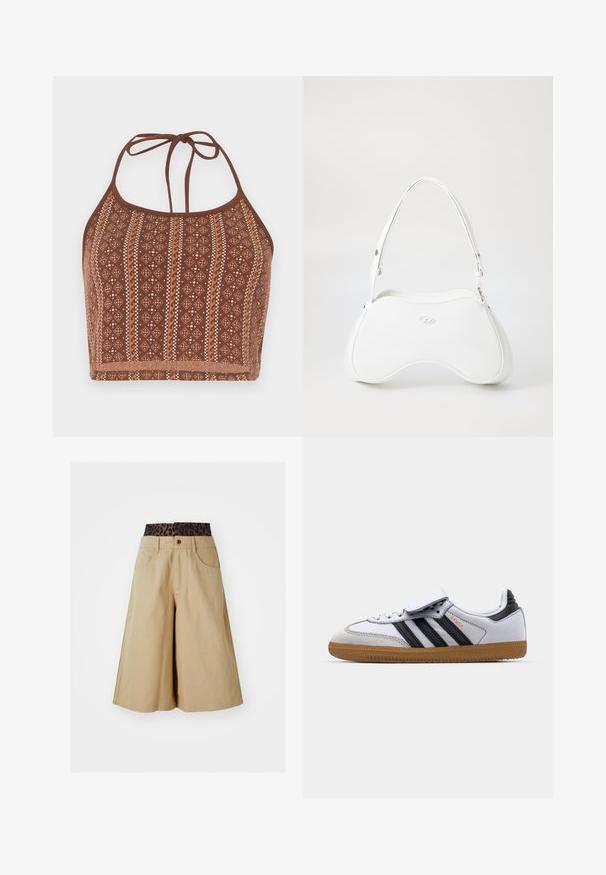 Rjava usnjena jakna s kremasto umetno ovčjo podlogo, širokim ovratnikom, skrajšanim dizajnom in dvema zadrgama spredaj s kontrastnimi detajli.; Rjava vzorčasta halter crop majica z geometrijskimi motivi in off-white akcenti, nastavljivimi vrvicami za vrat in mehko strukturirano površino.; Kaki kratke hlače s širokim krojem in pasom z leopardskim vzorcem. Imajo sprednje žepke in gumbasto zapiranje. Gladek, teksturiran material.; Beli usnjeni športni copati z bližnjicami v črni barvi in s sivo obrobo, z okroglo konico in gumo iz gumijastega materiala. Zapiranje na ježka in vezalke.; Bela torbica z gladko, sijajno površino, ukrivljeno obliko in enim nastavljivim trakom. Ima logotip vtisnjen spredaj.