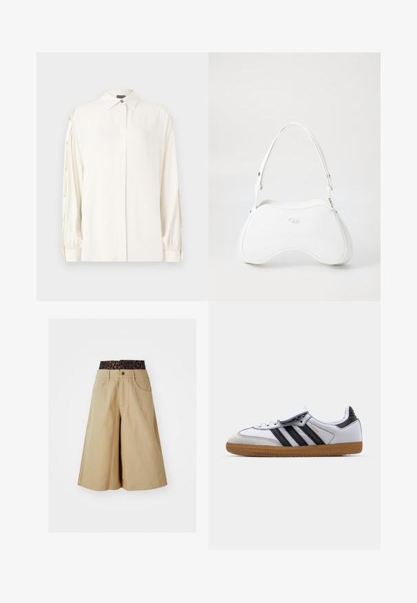 Bruine leren jas met een crèmekleurige nepbont voering, brede kraag, cropped ontwerp en twee ritszakken aan de voorkant met contrasterende accenten.; Witte blouse met lange mouwen, kraag, knoopsluiting aan de voorkant en geplooide manchetten. Bevat decoratieve knopen langs de mouwen. Glad textuur.; Khaki shorts met een brede pijpdesign en een luipaardprint tailleband. Voorzien van zakken aan de voorkant en een knoopsluiting. Glad, gestructureerd stof.; Witte leren sneaker met zwarte strepen en grijze accenten, met een afgeronde neus en een gumrubberen buitenzool. Klittenbandsluiting en veters.; Witte handtas met een glad, glanzend oppervlak, gebogen vorm en een enkele verstelbare schouderriem. Heeft een logo dat aan de voorkant is geperst.
