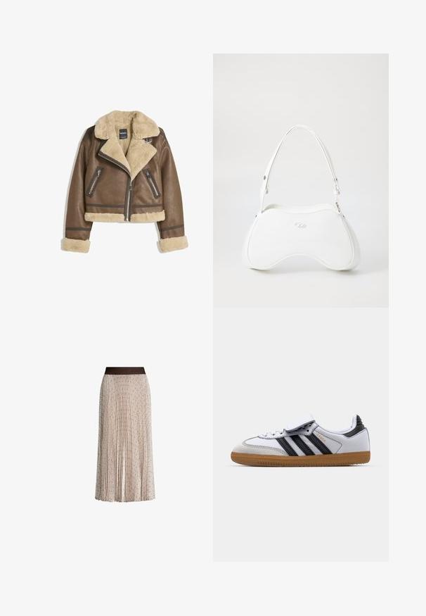 Barna bőrkabát krém színű műszőrme béléssel, széles gallérral, rövidített fazonnal, és két cipzáras elülső zsebbel, kontrasztos díszítéssel.; Barna, hosszú ujjú, rövid fazonú felső sima anyagból, kerek nyakkivágással és testhez simuló kialakítással. Nincs látható minta vagy díszítés.; Fodros bézs midi szoknya finom geometriai mintával és sötét derékrésszel, amelyen a "JOOP!" logó van domborítva.; Fehér bőr sportcipő fekete csíkokkal és szürke részletekkel, lekerekített orral és gumi talppal. Téglányszíj és fűzős záródás.; Fehér kézitáska sima, fényes felülettel, ívelt formával és egy állítható pánttal. Előoldalán domború logó található.