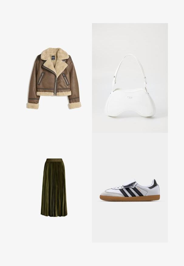 Braune Lederjacke mit cremefarbenem Kunstpelzfutter, weitem Kragen, verkürztem Design und zwei Reißverschlussfronttaschen mit kontrastierenden Akzenten.; Brauner, langärmeliger, verkürzter Oberteil aus glattem Material mit einem runden Ausschnitt und figurbetontem Design. Keine sichtbaren Muster oder Akzente.; Olivgrüner, knielanger, plissierter Rock mit elastischem Taillenbund, der das subtile "JOOP!"-Logo zeigt. Aus satinähnlichem Stoff mit einem fließenden Schnitt.; Weiße Ledersneaker mit schwarzen Streifen und grauen Akzenten, ausgestattet mit einer runden Zehenpartie und einer Laufsohle aus Gummi. Mit Klettverschluss und Schnürung.; Weißes Handtasche mit glatter, glänzender Oberfläche, geschwungener Form und einem einzigen verstellbaren Trageriemen. Auf der Vorderseite ist ein eingeprägtes Logo vorhanden.