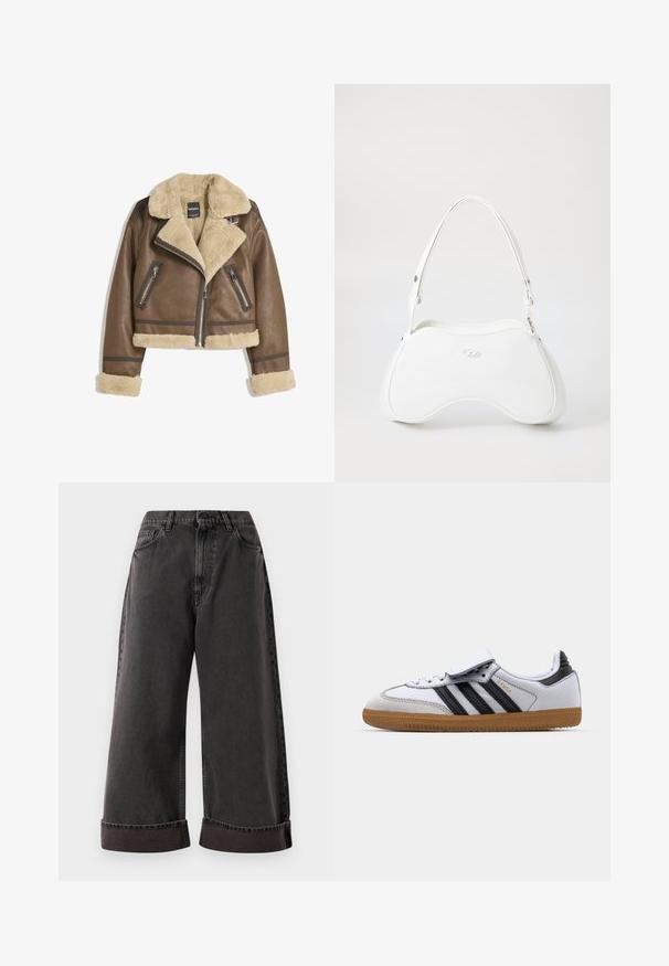 Giacca in pelle marrone con foderatura in finta shearling crema, colletto ampio, design cropped e due tasche frontali con zip e accenti a contrasto.; Top corto marrone a maniche lunghe realizzato in materiale liscio, con scollo rotondo e design aderente. Senza motivi o dettagli visibili.; Jeans neri a gamba larga con orli arrotolati, chiusura frontale con bottone e zip, e tasche laterali e frontali.; Sneaker bianco in pelle con strisce nere e accenti grigi, dotato di punta rotonda e suola in gomma naturale. Chiusura con velcro e lacci.; Borsa bianca con superficie liscia e lucida, forma curva e una sola tracolla regolabile. Presenta un logo impresso sul davanti.