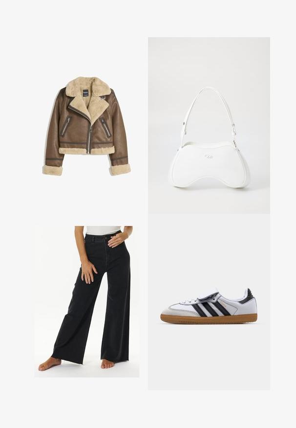 Brun læderjakke med cremefarvet faux shearling-foring, bred krave, cropped design og to lynlåslommer foran med kontrasterende detaljer.; Brun langærmet cropped top lavet af glat materiale, med en rund halsudskæring og tætsiddende design. Ingen synlige mønstre eller accenter.; Højtaljede sorte brede jeans lavet af denim, med knap- og lynlåslukning, rå kant-detaljer og sidelommer.; Hvide lædersneakers med sorte striber og grå detaljer, der har en rund tå og en sål i gummi. Velcro-lukning og snørelukning.; Hvid håndtaske med en glat, blank overflade, afrundet form og en enkelt justerbar strop. Har et præg af logo på forsiden.
