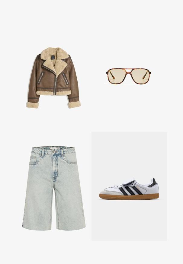 Ruskea nahkatakki, jossa on vaalean kermanvärinen tekoturkislina, leveä kaulus, lyhyt malli ja kaksi vetoketjullista etutaskua, joissa on kontrastoivia yksityiskohtia.; Ruskea pitkähihainen lyhyt toppi, joka on valmistettu sileästä materiaalista, ja siinä on pyöreä pääntie sekä vartalonmyötäinen muotoilu. Ei näkyviä kuvioita tai yksityiskohtia.; Vaaleansiniset farkkushortsit, joilla on rento istuvuus, klassinen viiden taskun malli ja näkyvät ompeleet. Kulutettu ilme koko vaatteessa.; Valkoiset nahkakengät mustilla raidoilla ja harmailla yksityiskohdilla, joissa on pyöreä kärki ja kumipohja. Tarranauha ja nauhakiristys.; Ruskikuvioiset aurinkolasit, joissa on suuret suorakulmaiset linssit ja ohut kehys. Varustettu sillalla lisää mukavuutta ja tyyliä varten.