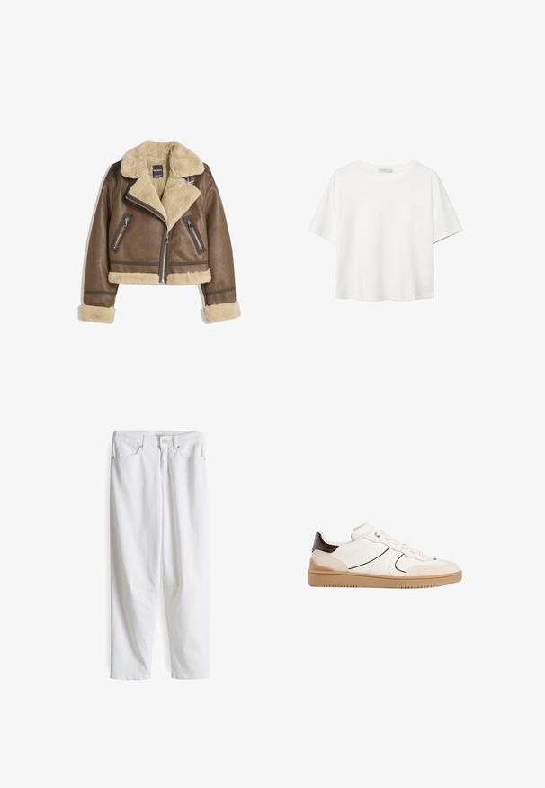 Brown leather jacket with cream faux shearling lining, wide collar, cropped design, and two zippered front pockets with contrasting accents.; White short-sleeve t-shirt made of cotton. Features a crew neckline and a relaxed fit. Smooth texture with no visible patterns or accents.; White denim trousers with a relaxed fit, featuring a classic five-pocket design, front button closure, and straight leg cut.; Stradivarius Trainers - white