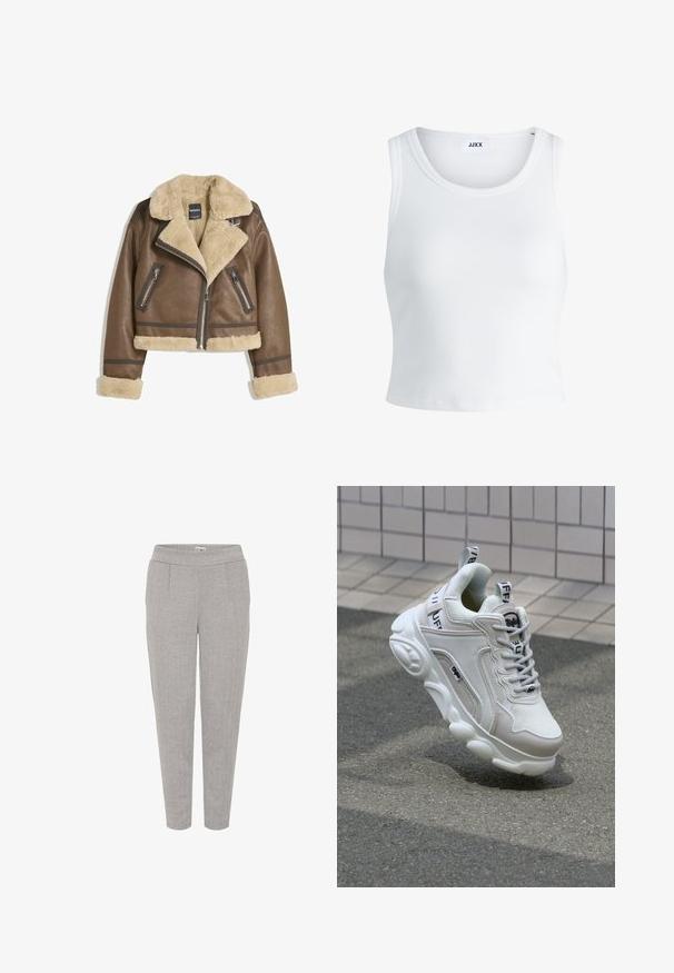 Ruskea nahkatakki, jossa on vaalean kermanvärinen tekoturkislina, leveä kaulus, lyhyt malli ja kaksi vetoketjullista etutaskua, joissa on kontrastoivia yksityiskohtia.; Valkoinen ribbattu hihaton toppi, jossa on pyöreä pääntie ja lyhyt malli. Tunnuslukuna lukee "JJXX". Sujuva kangas.; Housupaita harmaa kalanruoto-kuvioinen tapered-housut, joissa on joustava vyötärö ja sivutaskut, esitelty valkoisella taustalla.; Valkoiset tennarit, joissa on verkko- ja nahkamateriaaleja, pyöreä kärki, paksu pohja, erottuvat nauhat sekä brändäys kantapäässä ja kielessä.