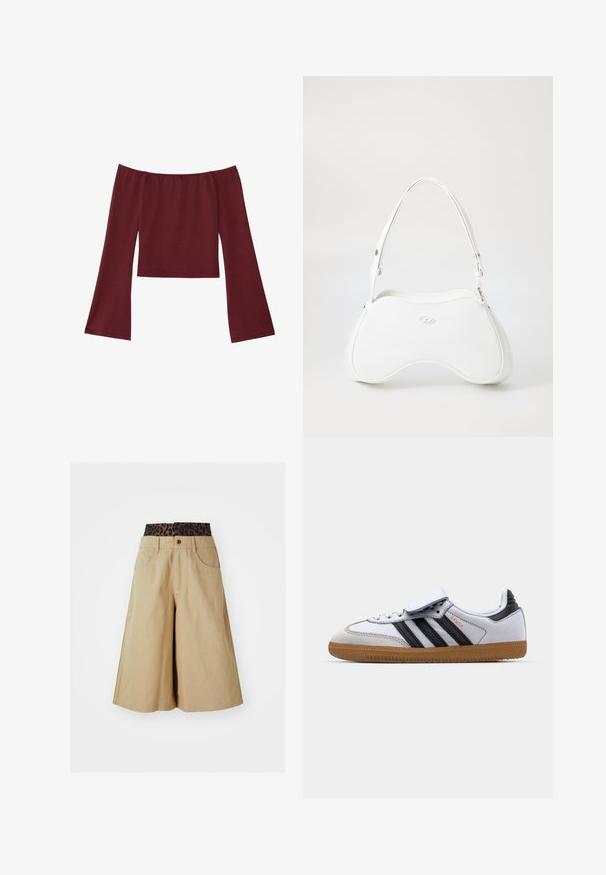 Barna bőrkabát krém színű műszőrme béléssel, széles gallérral, rövidített fazonnal, és két cipzáras elülső zsebbel, kontrasztos díszítéssel.; Laza, vállnélküli, mély bordó cropped top hosszú, széles harangujjakkal és egyenes dekoltázzsal.; Khaki rövidnadrág széles lábujjakkal és leopárdmintás derékkal. Elülső zsebekkel és gombos zárással rendelkezik. Simaságot és texturált anyagot kínál.; Fehér bőr sportcipő fekete csíkokkal és szürke részletekkel, lekerekített orral és gumi talppal. Téglányszíj és fűzős záródás.; Fehér kézitáska sima, fényes felülettel, ívelt formával és egy állítható pánttal. Előoldalán domború logó található.