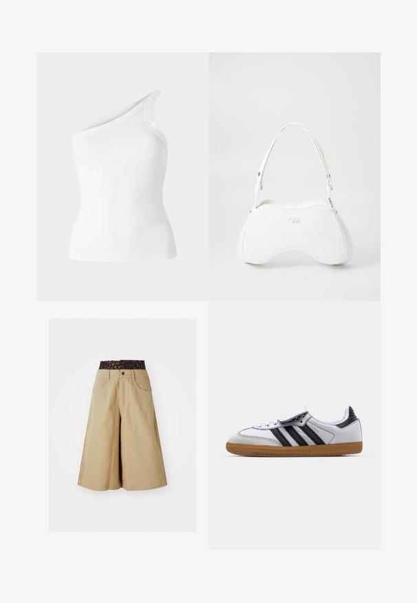 Hnedá kožená bunda s krémovým umelým kožušinovým podšívkou, širokým golierom, skráteným dizajnom a dvoma zipsovými prednými vreckami s kontrastnými akcentmi.; Biely rebrovaný top bez rukávov s asymetrickým dizajnom na jedno plece. Hladká textúra, priliehavý strih a čisté okraje.; Khaki šortky s širokým strihom a pásom so leopardím vzorom. Majú predné vrecká a zapínanie na gombík. Hladká, textúrovaná tkanina.; Biele kožené tenisky s čiernymi pruhmi a šedými akcentmi, s okrúhlou špičkou a gumovou podrážkou. Zapínanie na suchý zips a šnúrky.; Biela kabelka s hladkým, lesklým povrchom, zakriveným tvarom a jedným nastaviteľným popruhom. Na prednej strane je vyrazené logo.