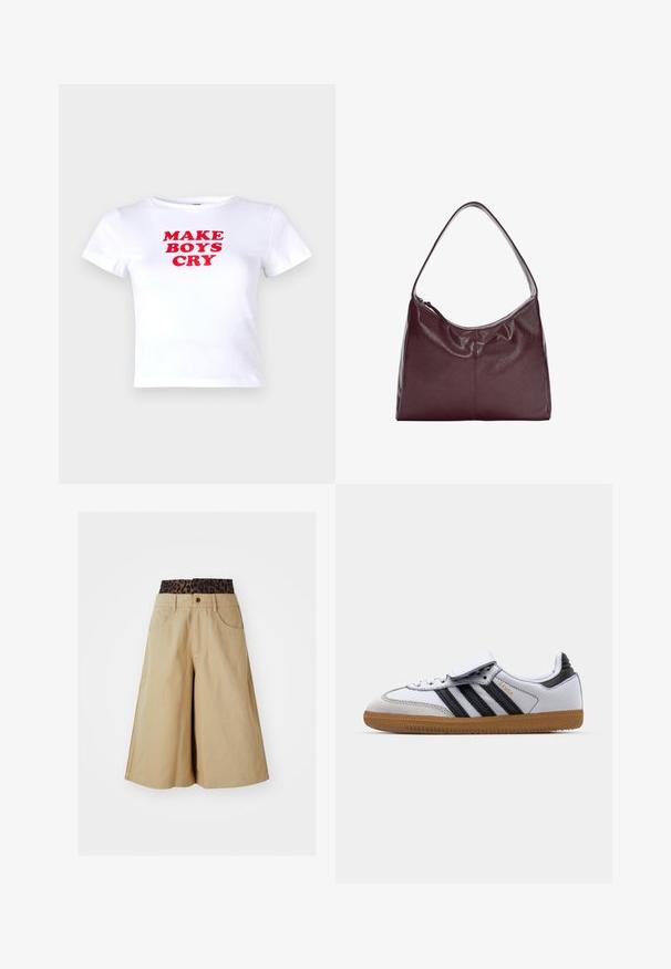 Hnědá kožená bunda s krémovým umělým ovčím kožíškem, široký límec, zkrácený střih a dvě přední kapsy na zip s kontrastními akcenty.; Noisy May NMMOLLY - Triko s potiskem - bright white; Khaki šortky se širokým střihem a páskem s leopardím vzorem. Mají přední kapsy a zapínání na knoflík. Hladká, strukturovaná tkanina.; Bílé kožené tenisky s černými pruhy a šedými detaily, s kulatou špičkou a gumovou podrážkou. Spona na suchý zip a šněrování.; Burgundská kožená hobo taška s křivým držadlem a měkkým, texturovaným tělem. Disponuje zipovým uzávěrem a minimálními detailem šití.