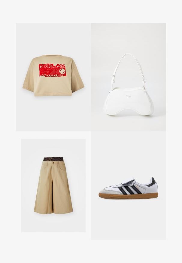 Brown leather jacket with cream faux shearling lining, wide collar, cropped design, and two zippered front pockets with contrasting accents.; Beige cropped t-shirt, short sleeves, featuring red graphic text and a tennis ball print. Made from soft cotton fabric.; Khaki shorts with a wide leg design and a leopard print waistband. Features front pockets and a button closure. Smooth, textured fabric.; White leather sneaker with black stripes and grey accents, featuring a rounded toe and gum rubber outsole. Velcro strap and lace closure.; White handbag with a smooth, glossy surface, curved shape, and a single adjustable strap. Features a logo embossed on the front.