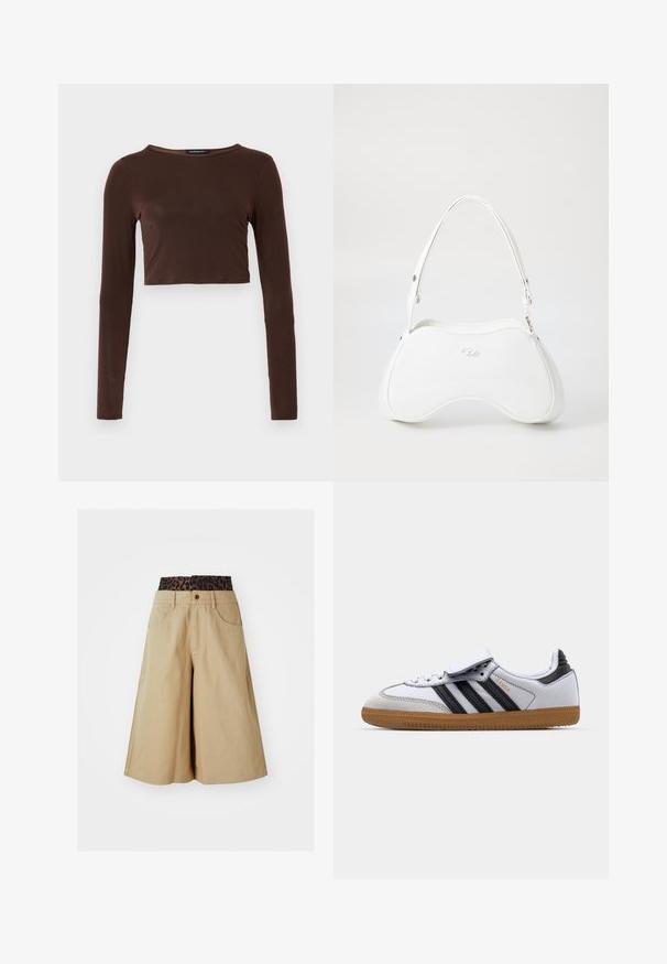 Giacca in pelle marrone con foderatura in finta shearling crema, colletto ampio, design cropped e due tasche frontali con zip e accenti a contrasto.; Top corto marrone a maniche lunghe realizzato in materiale liscio, con scollo rotondo e design aderente. Senza motivi o dettagli visibili.; Bermuda khaki con un design a gamba larga e una fascia in stampa leopardata. Presenta tasche frontali e una chiusura con bottone. Tessuto liscio e testurizzato.; Sneaker bianco in pelle con strisce nere e accenti grigi, dotato di punta rotonda e suola in gomma naturale. Chiusura con velcro e lacci.; Borsa bianca con superficie liscia e lucida, forma curva e una sola tracolla regolabile. Presenta un logo impresso sul davanti.