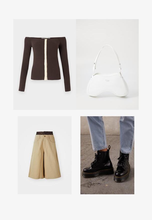 Bruine leren jas met een crèmekleurige nepbont voering, brede kraag, cropped ontwerp en twee ritszakken aan de voorkant met contrasterende accenten.; Off-shoulder geribd langarmshirt in donkerbruin met een crèmekleurige knopenlijst in het midden aan de voorkant.; Khaki shorts met een brede pijpdesign en een luipaardprint tailleband. Voorzien van zakken aan de voorkant en een knoopsluiting. Glad, gestructureerd stof.; Zwarte leren enkellaarsjes met een chunky zool, ronde neus, lintveters, gele stiksels en een treklipje aan de achterkant.; Witte handtas met een glad, glanzend oppervlak, gebogen vorm en een enkele verstelbare schouderriem. Heeft een logo dat aan de voorkant is geperst.