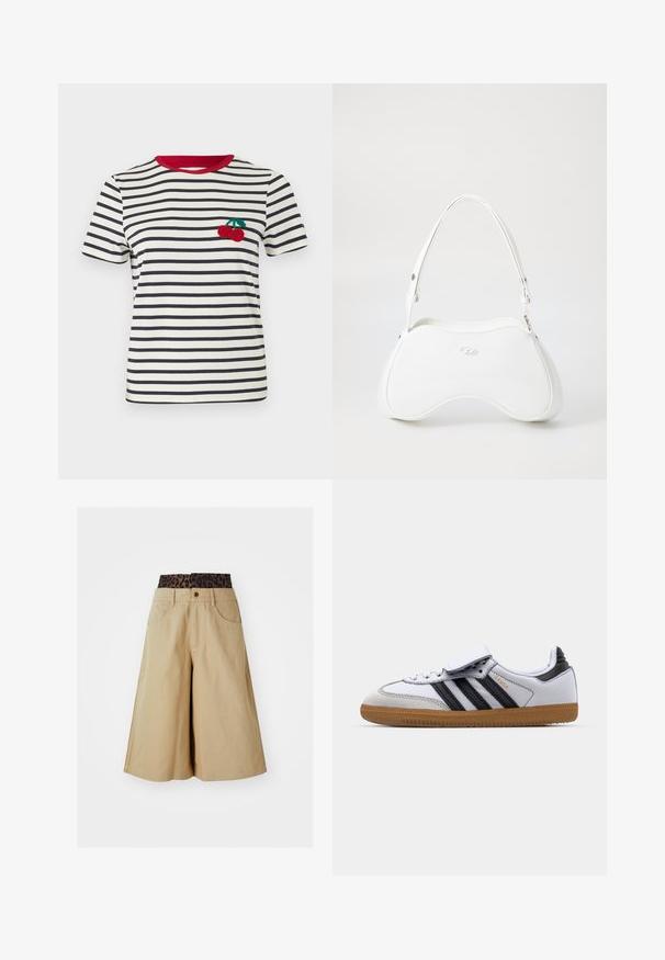 Jachetă din piele maro cu căptușeală din blană sintetică crem, guler lat, design scurt și două buzunare frontale cu fermoar cu accente contrastante.; Tricou cu dungi în crem și bleumarin, cu guler roșu. Prezintă un design brodat cu cireșe în zona stângă a pieptului. Mâneci scurte.; Pantaloni scurți khaki cu un design cu picioare largi și un talie cu imprimeu leopard. Au buzunare frontale și închidere cu nasture. Fabric texturat, neted.; Adidași din piele albă cu dungi negre și accente gri, având vârful rotund și talpa din cauciuc natural. Curea cu Velcro și închidere cu șiret.; Geantă albă cu o suprafață netedă și lucioasă, formă curbată și o singură curea ajustabilă. Prezintă un logo embosat pe față.