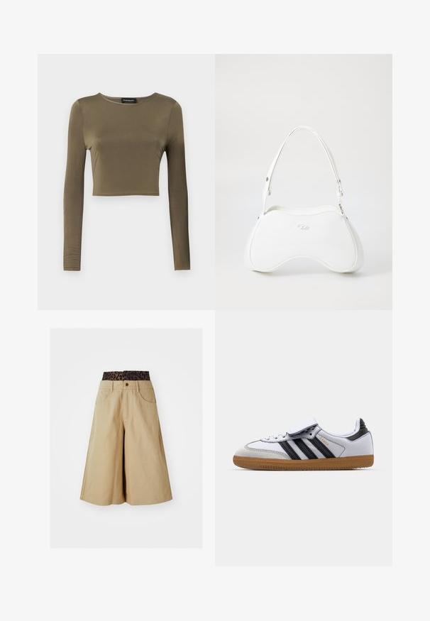 Braune Lederjacke mit cremefarbenem Kunstpelzfutter, weitem Kragen, verkürztem Design und zwei Reißverschlussfronttaschen mit kontrastierenden Akzenten.; Olivgrünes, langärmeliges, cropped Oberteil aus einem glatten, dehnbaren Stoff; verfügt über einen runden Ausschnitt und eine taillierte Passform mit fertig gestellten Säumen.; Khakifarbenen Shorts mit weitem Bein und einem Taillenbund im Leopardenmuster. Mit frontalen Taschen und einem Knopfverschluss. Glattes, strukturiertes Material.; Weiße Ledersneaker mit schwarzen Streifen und grauen Akzenten, ausgestattet mit einer runden Zehenpartie und einer Laufsohle aus Gummi. Mit Klettverschluss und Schnürung.; Weißes Handtasche mit glatter, glänzender Oberfläche, geschwungener Form und einem einzigen verstellbaren Trageriemen. Auf der Vorderseite ist ein eingeprägtes Logo vorhanden.