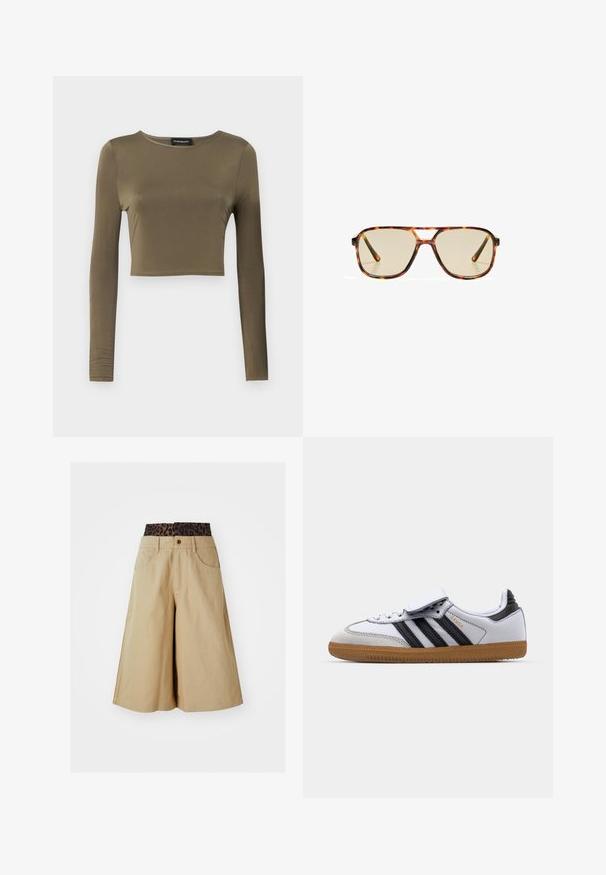 Brown leather jacket with cream faux shearling lining, wide collar, cropped design, and two zippered front pockets with contrasting accents.; Olive green, long-sleeve cropped top in a smooth, stretchy fabric; features a round neckline and tailored fit with finished hems.; Khaki shorts with a wide leg design and a leopard print waistband. Features front pockets and a button closure. Smooth, textured fabric.; White leather sneaker with black stripes and grey accents, featuring a rounded toe and gum rubber outsole. Velcro strap and lace closure.; Brown tortoiseshell sunglasses with large rectangular lenses and a thin frame. Features a bridge for added style and comfort.