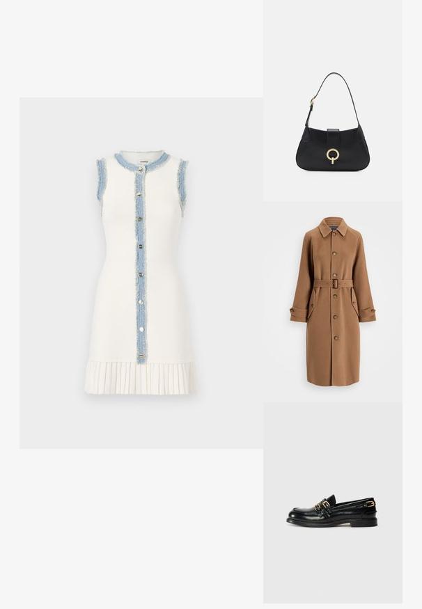 Ruskea villasekoitteinen takki, jossa on kaulus, napit edessä, kaksi suurta sivutaskua ja samanlainen vyö. Pitkissä hihoissa on napit.; Mekko ilman hihoja, jossa on rikottu farkkupaneeli ja nappikiinnitys edessä, sekä pleatattu alahelma tekstuurin lisäämiseksi.; Musta nahkainen loaferit kiiltävällä pinnalla, jossa on kaksi kultaa solkea ja matala korko. Tasainen pinta, pyöreä kärki.; Musta nahkalaukku, jossa on kaareva siluetti, lyhyt olkahihna, keskeinen kultainen koriste ja sileä pinta. Ei näkyviä kuvioita tai yksityiskohtia.