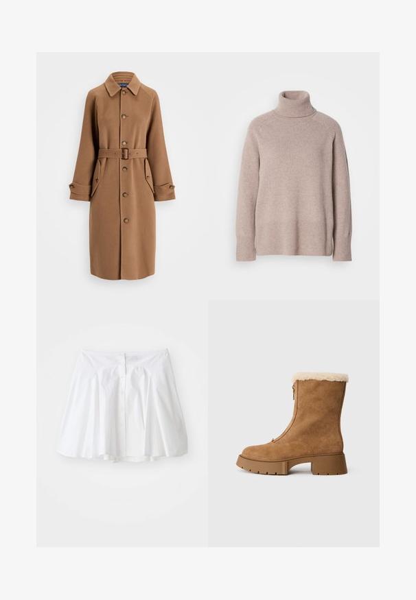 Barna gyapjúkeverék kabát, gallérral, gombos elülső résszel, két nagy oldalzsebbel és hozzáillő övvel. Hosszú ujjakkal, gombos mandzsettával rendelkezik.; Világos bézs kötött gyapjú garbó pulóver hosszú ujjakkal és bordázott mandzsettákkal, valamint hemmel egy sima fehér háttéren.; Fehér pamut szoknya bővülő dizájnnal, elől gombos záródással és finom ráncolással a deréknál a forma érdekében.; Barna velúr bokacsizma bolyhos krém béleléssel, oldalsó cipzárral és vastag gumitalppal. Jellemzője a sima felület és a kerek orr.