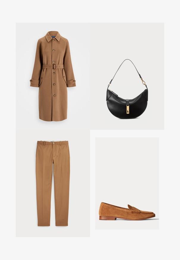 Barna gyapjúkeverék kabát, gallérral, gombos elülső résszel, két nagy oldalzsebbel és hozzáillő övvel. Hosszú ujjakkal, gombos mandzsettával rendelkezik.; Világoskék, hosszú ujjú ing, fehér, kontrasztos gallérral. Simább textúrával és öt elülső gombbal rendelkezik.; Barna pamut nadrág, karcsú szabású, sima elülső résszel és standard zsebekkel; sima tapintású és hemzsegő szegélyekkel.; Polo Ralph Lauren EMBOSSED-PONY SUEDE PENNY LOAFER - Belebújós cipők - pale russet; Fekete bőr kézitáska félhold alakú formában. Aranyszínű fémrészekkel és keskeny pánttal rendelkezik. Simább felület, cipzáras záródás a tetején.