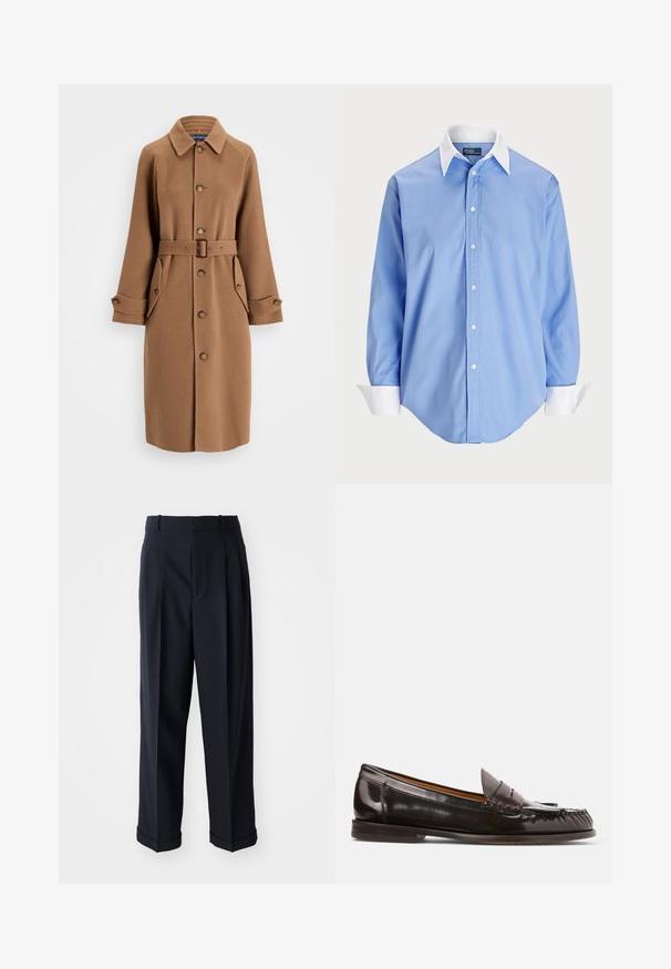 Brązowy płaszcz z wełny z dodatkiem innych włókien, z kołnierzem, z zapięciem na guziki, dwiema dużymi bocznymi kieszeniami i pasującym paskiem. Posiada długie rękawy z zapinanymi mankietami.; Jasnoniebieska koszula z długim rękawem, zapinana na guziki, z białym kontrastującym kołnierzykiem. Posiada gładką teksturę i pięć guzików z przodu.; Granatowe, wysokie spodnie wykonane z gładkiego materiału. Posiadają projekt z fałdami oraz wywinięte mankiety dla eleganckiego wyglądu.; Polo Ralph Lauren - Półbuty wsuwane