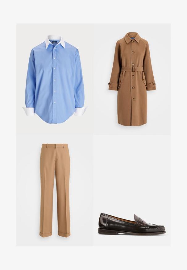 Brown wool-blend coat with a collar, button front, two large side pockets, and a matching belt. Features long sleeves with buttoned cuffs.; Light blue button-up shirt with long sleeves and a white contrasting collar. Features a smooth texture and five front buttons.; Beige tailored trousers with a straight-leg design, made of soft fabric, featuring a front crease and rolled cuffs at the hem.; Polo Ralph Lauren ASHTYN FRINGE TRIM CALFSKIN LOAFER - Slip-ons - ebano/tobacco