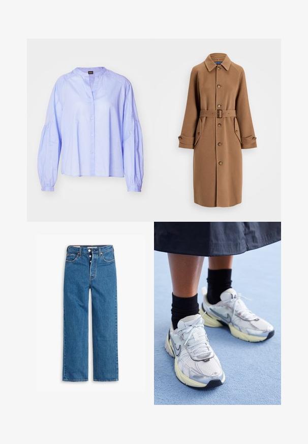 Brun ullblandad kappa med krage, knapplåsning fram, två stora sidofickor och ett matchande bälte. Har långa ärmar med knäppte manschetter.; BOSS BERDAY - Blus - bright blue; Blå denim raka jeans med hög midja, femficksdesign och knappgylf. Tydlig sömnad och kopparfärgade nitar.; Vita och silver Nike-sneakers i mesh-material, med reflexdetaljer och en beige sula. Bärs med svarta strumpor, står på en blå yta.