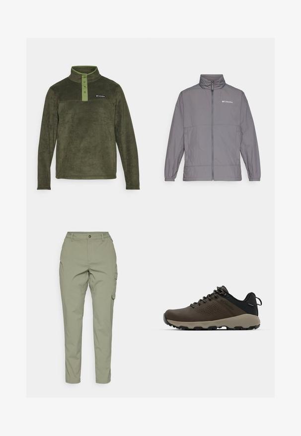 Sivá ľahká bunda vyrobená z nylonu s vysokým golierom, plným zipsom vpredu, elastickými manžetami a jemným brandingom na hornej ľavej strane hrudníka.; Columbia STEENS MOUNTAIN™ HALF SNAP - Flísová bunda - greenscape/canteen; Svetlo olivové cargo nohavice s rovnými nožnicami, s predným zapínaním na gombík a bočnými vreckami pre praktickosť. Hladká, odolná tkanina.; Hnedé vodoodolné tenisky s textúrovaným zvrškom, perforovanými detailmi, čiernou oporou päty a šedou gumovou podrážkou. Šnúrky sú ozdobené kovovými koncami.