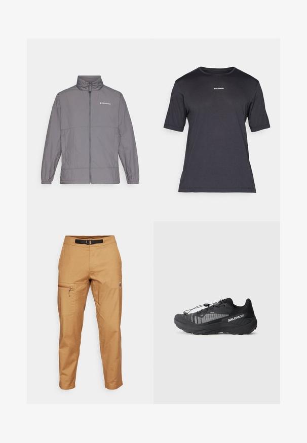 Sivá ľahká bunda vyrobená z nylonu s vysokým golierom, plným zipsom vpredu, elastickými manžetami a jemným brandingom na hornej ľavej strane hrudníka.; Čierne krátke tričko s performančnými rukávmi vyrobené z priedušnej látky, s okrúhlym výstrihom a malým bielym logom "SALOMON" na hrudi.; Svetlohnedé cargo nohavice s úzkym strihom, s bočnou vreckom na zips a čiernym opaskom. Vyrobené z texturovanej tkaniny.; Čierne trailové bežecké topánky s textúrovaným sieťovaným zvrškom, reflexnými detailmi, polstrovanou podrážkou a elastickým systémom šnurovania. Logo na boku.