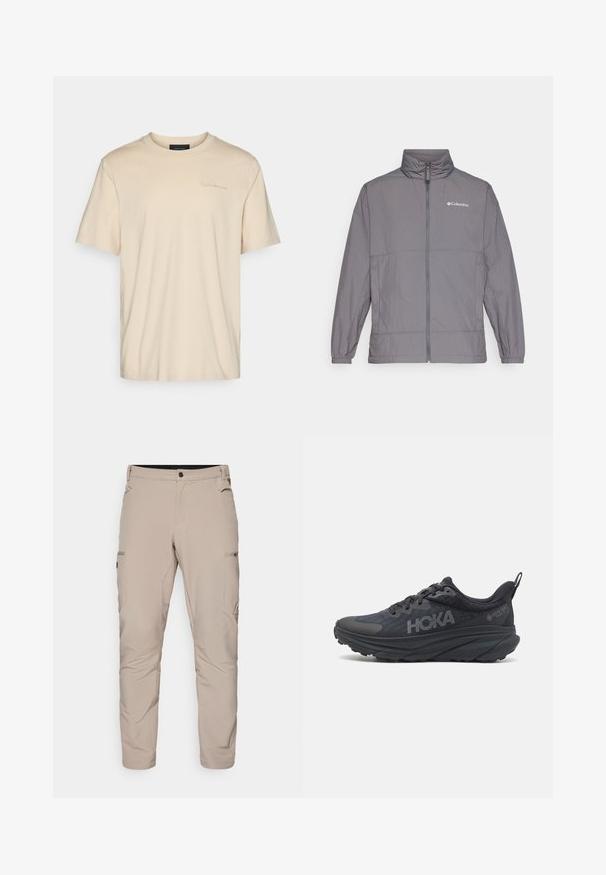 Sivá ľahká bunda vyrobená z nylonu s vysokým golierom, plným zipsom vpredu, elastickými manžetami a jemným brandingom na hornej ľavej strane hrudníka.; Béžové bavlnené tričko s krátkym rukávom a okrúhlym výstrihom. Na hrudi je decentne vyšívané logo. Mäkká, hladká textúra.; Béžové vonkajšie nohavice vyrobené z ľahkej tkaniny, ktoré majú dve bočné vrecká a vrecko na zips, s priliehavým strihom a hladkou textúrou.; Čierne bežecké topánky Hoka s vrchným materiálom z mesh, textúrovanými detailmi a hrubou, polstrovanou podrážkou so zúženými okrajmi pre lepšiu podporu.