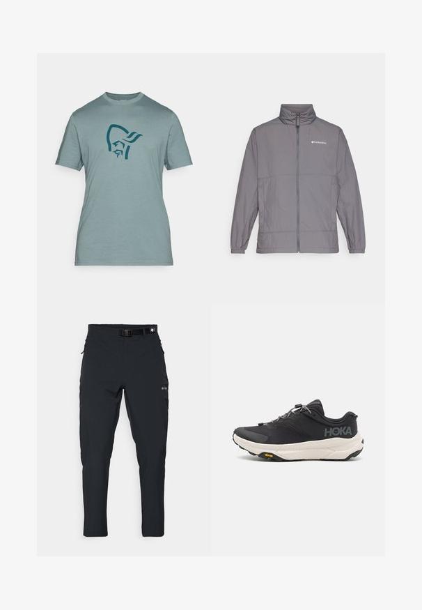 Pelēks viegls jaka, kas izgatavota no neilona, ar augstu apkakli, pilnu priekšējo rāvējslēdzēju, elastīgiem piedurknēm un diskreto zīmolu augšējā kreisajā krūtī.; Īsām piedurkņu, gaiši zils t-krekls, kas izgatavots no mīksta materila un uz kura priekšpuses ir tumši zilā grafikā attēlots stilizēts figūru profils.; Columbia ESSENTIAL HIKE™ PANT - Āra bikses - black; Melna sporta kurpe ar teksturētu virsu, pelēkiem akcentiem, atstarojošiem elementiem un biezu baltu zoli, kas rotāta ar Vibram zīmolu.