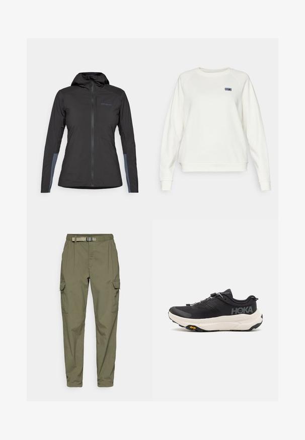 Casaco com capuz preto da Patagonia com fecho na frente e manchas cinzas nos antebraços interiores, exibido sobre um fundo branco.; Patagonia ESSENTIAL TOP - Camisola - wool white; Patagonia EVERYDAY CARGO PANTS - Calças para exterior - basin green; Ténis de desporto pretos com um cabedal em malha respirável, sola de borracha, entressola branca com amortecimento e atacadores refletivos. Logótipo Vibram na sola.