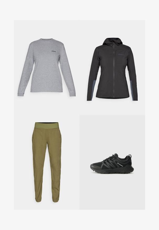 Μαύρο μπουφάν από Patagonia με κουκούλα και μπροστινό φερμουάρ, με γκρι ρέλια στους εσωτερικούς πήχεις, εκτεθειμένο σε άσπρο φόντο.; Patagonia LOGO RESPONSIBILI-TEE - Μπλούζα με μακριά μανίκια - gravel heather; Ελαιολάδου πράσινα tapered παντελόνια με ελαστική μέση, ελαφρύ ύφασμα και δύο πλαϊνές τσέπες. Διαθέτουν διακριτική ραφή και γυριστές άκρες.; Columbia PEAKFREAK - Παπούτσια πεζοπορίας - black