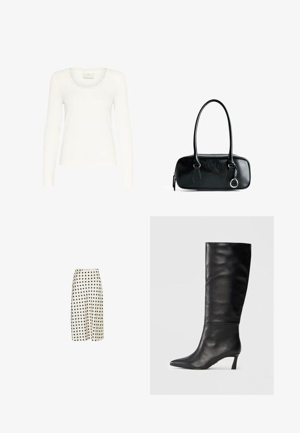 Sort frakke med en fluffy, pelslignende krave og mansjetter. Suede-materiale med en knælang design, lukket med en enkelt toggle-lukning.; Langærmet hvid top lavet af ribbet stof, med en bølget halsudskæring og tætsiddende design. Etiketten siger "KAFFE." Glat tekstur.; Midi-nederdel lavet af glat stof i off-white med store sorte prikker, med en udvidet silhuet og en behagelig talje.; Sorte læder knæhøje støvler med spids tå og slank hæl. Glat tekstur med sømløst design og en poleret finish.; Sort læder håndtaske i rektangulær form, glat tekstur, to hanke og sølvfarvede metaldele. Har lynlås lukning og syninger som detaljer.