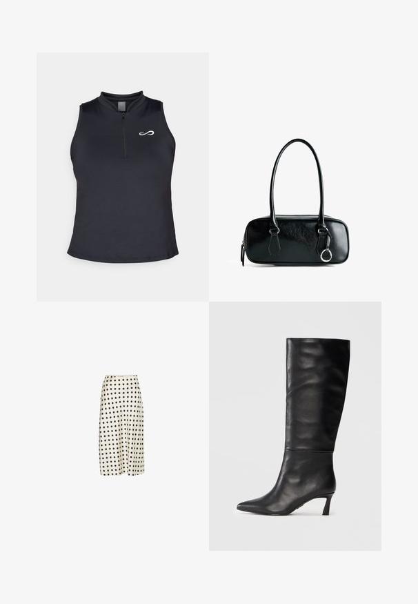 Sort frakke med en fluffy, pelslignende krave og mansjetter. Suede-materiale med en knælang design, lukket med en enkelt toggle-lukning.; Sort ærmeløs atletisk top med høj krave og en central lynlås. Har et lille hvidt logo på venstre bryst og en glat overflade.; Midi-nederdel lavet af glat stof i off-white med store sorte prikker, med en udvidet silhuet og en behagelig talje.; Sorte læder knæhøje støvler med spids tå og slank hæl. Glat tekstur med sømløst design og en poleret finish.; Sort læder håndtaske i rektangulær form, glat tekstur, to hanke og sølvfarvede metaldele. Har lynlås lukning og syninger som detaljer.