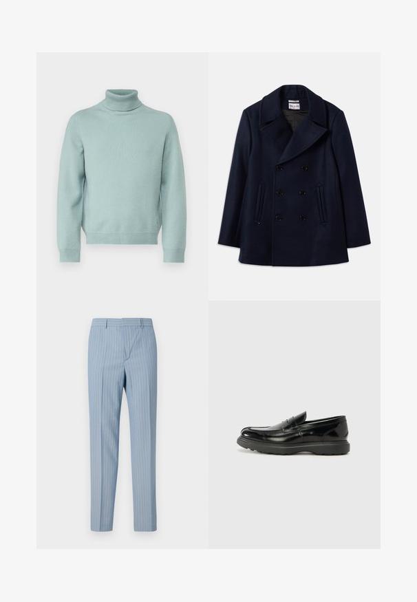 Marineblaue Woll-Doppelreiherjacke mit einem doppelt geknöpften Design, großen Revers, schwarzen Knöpfen und seitlichen Taschen. Glatte Textur mit klassischem Schnitt.; Paul & Joe UANAMOUR - Strickpullover - vert deau; Hellblaue gestreifte Hosen mit schmalem Schnitt, die vertikale Nadelstreifen in Weiß aufweisen. Hergestellt aus einem glatten Stoff mit maßgeschneidertem Design.; Schwarze Lederloafer mit glanzendem Finish, abgerundetem Zehenbereich, subtilen Steppnähten und einer dicken Gummisohle für Langlebigkeit.