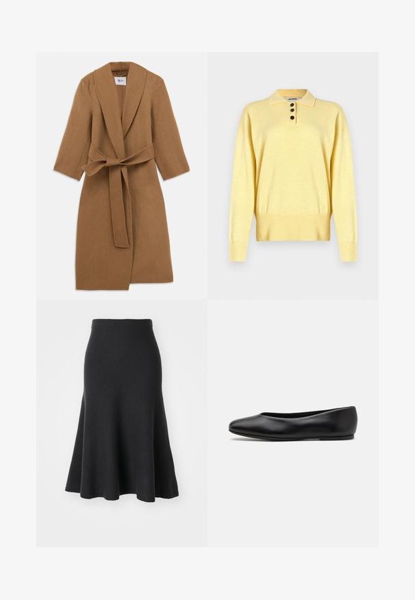 Beiger Wollmantel mit schmalem Kragen, langen Ärmeln und einem gebundenen Gürtel in der Taille. Minimalistisches Design, strukturierter Stoff und knielanger Schnitt.; Gelbes, gestricktes Polo Sweatshirt mit Kragen, ausgestattet mit drei dunklen Knöpfen, geripptem Saum und langen Ärmeln, aus weichem Material gefertigt.; Schwarzer, ausgestellter Rock aus weichem Stoff mit hohem Taillenbund, glatter Textur und A-Linien-Silhouette, die bis zur Mitte der Waden reicht.; Paul Smith TOPANGA - Klassischer Ballerina - black