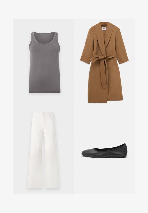 Barna gyapjúkabát, sallanggallérral, hosszú ujjakkal és derékon megkötött övvel. Minimalista dizájn, texturált szövet és térd középig érő fazon.; Sárga kötött póló pulóver nyakkal, három sötét gombbal, bordás aljjal és hosszú ujjal, puha anyagból készült.; Szürke pamut atlétatrikó lekerekített dekoltázzsal és széles vállpántokkal. Tökéletes varrás nélküli kivitel, egyenes szabású deréknál.; Fehér, magas derekú, bő szabású farmernadrág. Gombos záródással, két elülső zsebbel és oldalsó varrásokkal rendelkezik, amelyek varrási részleteket tartalmaznak.; Fekete bőr balettcipő lekerekített orral, sima tekstúrával, minimális varrással és rugalmas talp kialakítással.