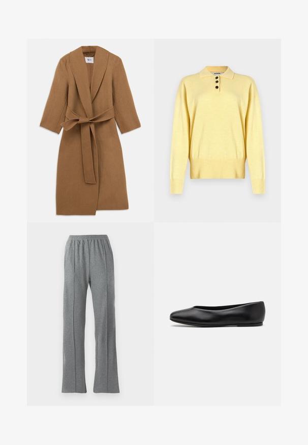 Tanan vuneni kaput s šalom, dugim rukavima i vezanom remenom u struku. Minimalistički dizajn, teksturirana tkanina i kroj do koljena.; Žuti pleteni polo džemper s ovratnikom, s tri tamne gumbe, rebrastim porubom i dugim rukavima, izrađen od mekane tkanine.; Sive trenirke s elastičnim pojasom, s ravnim krojem i suptilnim detaljima na bočnom šavu. Izrađene od mekog, teksturiranog materijala.; Paul Smith TOPANGA - Balerinke - black