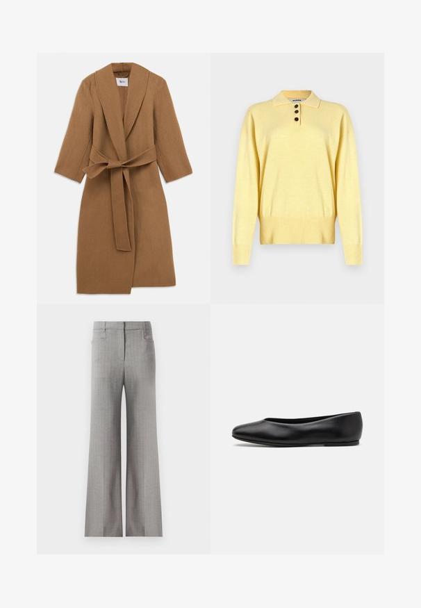 Cappotto in lana color fieno con colletto sciallato, maniche lunghe e cintura legata in vita. Design minimalista, tessuto strutturato e lunghezza al ginocchio.; Polo sweater giallo a maglia con colletto, dotato di tre bottoni scuri, orlo a coste e maniche lunghe, realizzato in un tessuto morbido.; Pantaloni a gamba larga grigio chiaro con un motivo a righe sottili, dotati di una vita sartoriale e due tasche laterali. Tessuto dalla consistenza morbida.; Paul Smith TOPANGA - Ballerine - black