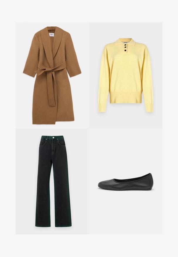 Bež volnen plašč s šal ovratnikom, dolgimi rokavi in povezanjem v pasu. Minimalistična zasnova, strukturirana tkanina in rez do kolen.; Rumena pletena polo majica s ovratnikom, ki ima tri temne gumbke, rebrast rob in dolge rokave, narejena iz mehkega blaga.; Črne široke jeans hlače z zelenimi akcenti, narejene iz denima, z visokim pasom, sprednjimi žepi in kovinskim gumbom za zapiranje.; Črne usnjene balerinke z zaobljenim nosom, gladko teksturo, minimalnimi šivi in fleksibilno zasnovo podplata.